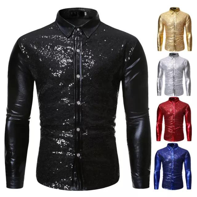 Stilvolles Glitzer Pailletten Herren schmale Passform Shirt Party Host Tops mit