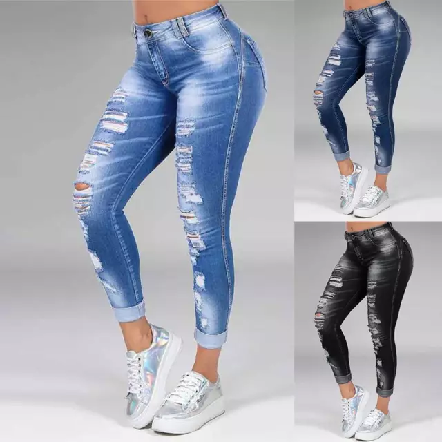 Plus Size Womens Ripped Denim Pants Jeans Ladies Stretchy Fit Skinny Leggings UK