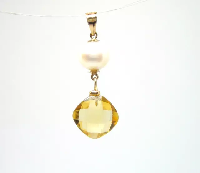 Solid 14KT Gold Natural Faceted Citrine and Cultured Akoya Pearl Pendant