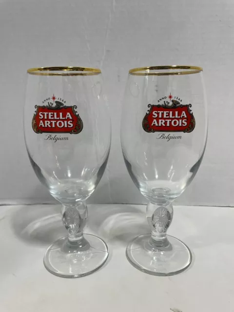 Pair Of STELLA ARTOIS Belgian Chalice Stemmed Gold Rim Beer Glass 33 Cl