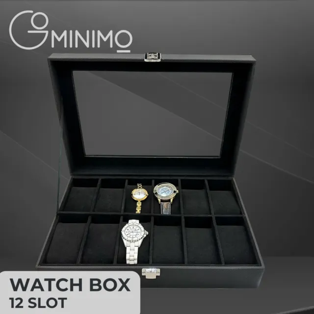 Gominimo 12 Slot Watch Box with Transparent Window Display Storage Black