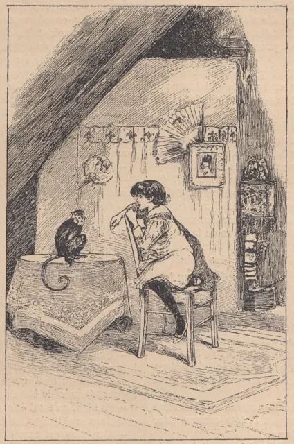 B7752 Chica Habla Con Mono En Casa, 1891 Xilógrafo, Vintage Engraving