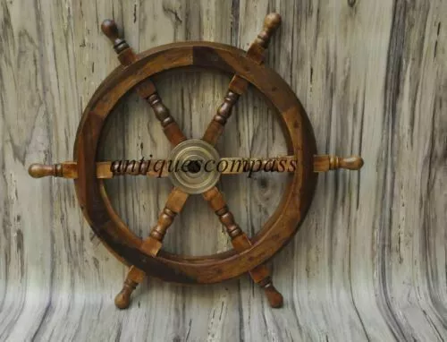 18"Vintage Boat Ship Collectible Antique Wheel Wooden Steering home Decorative