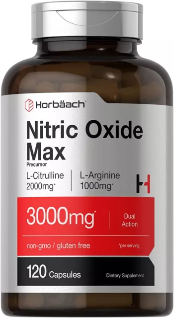 Nitric Oxide Capsules 3000mg 120 Count | L Arginine & L Citrulline | by Horbaach