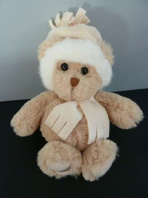 T. DOUDOU PELUCHE BUKOWSKI OURS BEIGE BONNET ECRU BLANC ECHARPE BILLES 21c NEUF*