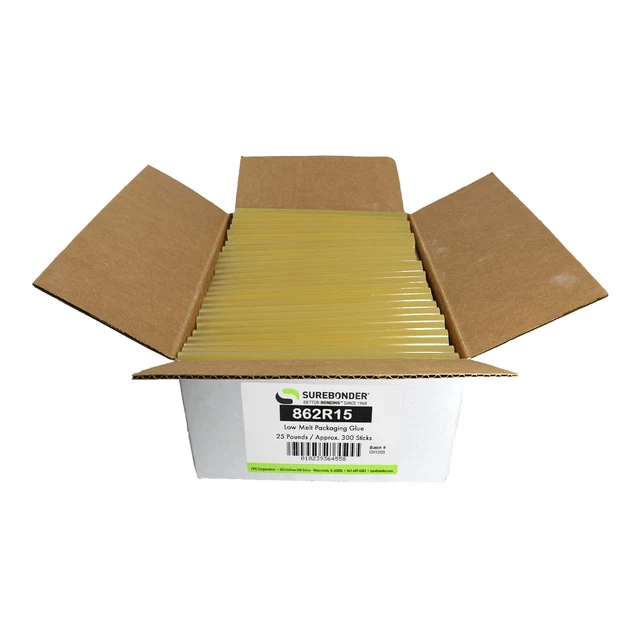 862R15 Full Size 15" Low Temp, Fast Set, Packaging Hot Glue Sticks - 25 lb Box