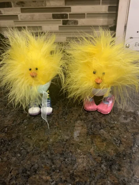 2 Feathered Chicks Standing From Their Egg Kitschy Cute Couple Vtg Easter Retro