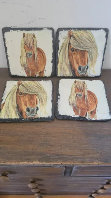 4 Hand Decorated Decoupaged Pony Slate Tile Coasters Drinks Mats Rustic