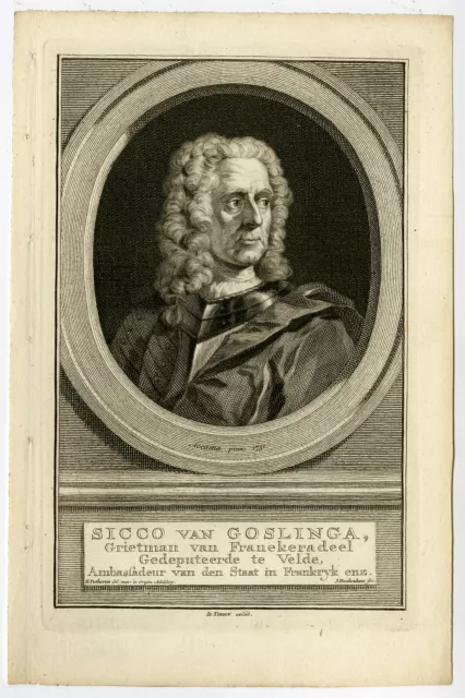 Antique Portrait Print-SICCO VAN GOSLINGA-TIRION-Houbraken-c.1750