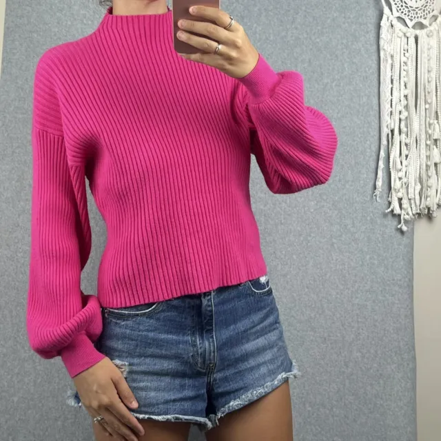 DISSH Knit Jumper Size L Pink Ribbed Wool Blend High Neck Barbie Blouson Sleeve