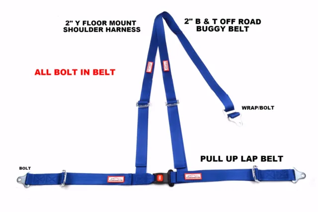 Buggy Off Road  2" Seat Belt 3 Point B&T Y Harness Blue All Bolt Harness Blue