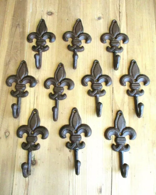 10 LARGE Cast Iron Fleur De Lis Coat Hooks Hook Hall Tree Hat Dog Leash Fluer