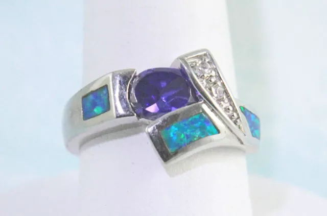 Lab Created Blue Fire Opal & Amethyst Oval 8X6 mm & 2 CZs Ring Sterling Size 9