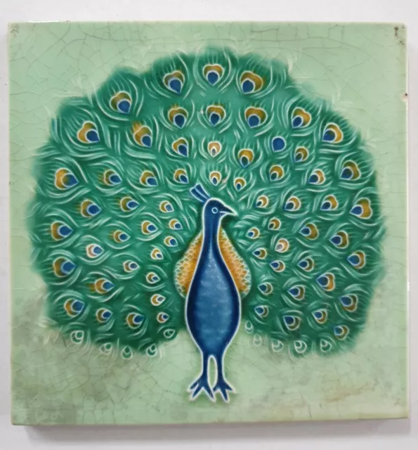 Vintage Majolica Tile DANCING PEACOCK  6in x 6in Japan (6774)