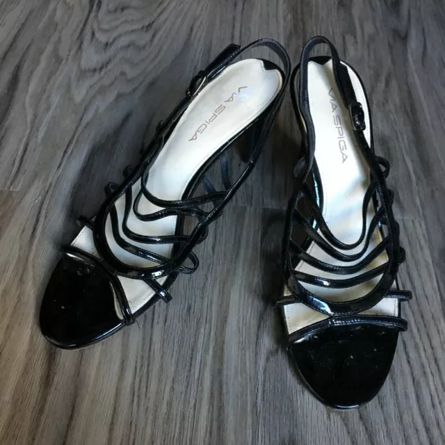 Via Spiga Black Patent Leather 2" Heels Strappy Singleback Sandals Womens Size 7