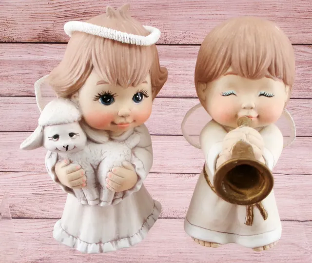 Vintage Ceramic Angels Girl with Lamb Boy with Horn Christmas Hand Painted Decor