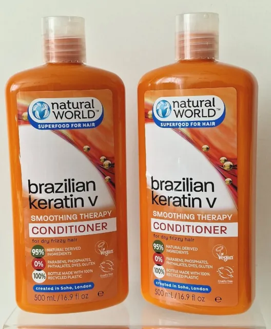 2 x Natural World Brazilian Keratin Smoothing Therapy Hair Conditioner 500ml
