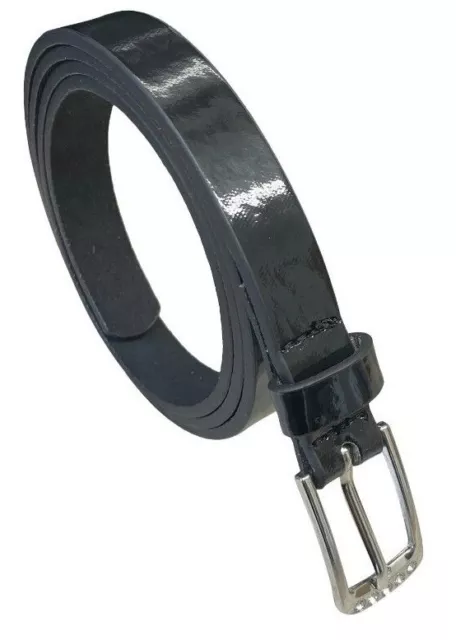 Ladies Thin Leather Lined Belt in Black with Silver Buckle with Diamante Detail