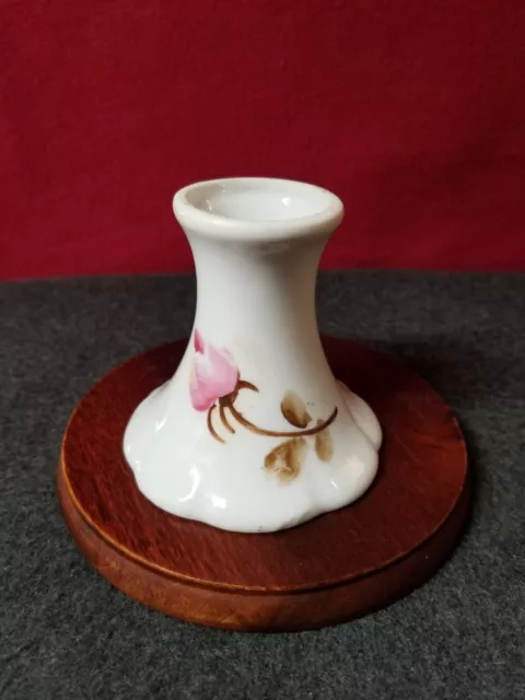 Vintage White Porcelain Hat Pin Holder 3.50" Single Pink Flower No Chips