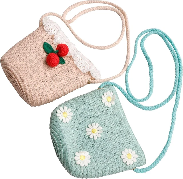 2PCS Little Girls Straw Beach Bags Summer Handwoven Shoulder Bags Straw Shoulder