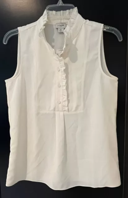 NEW JCREW Women's Ivory Sleeveless 3/4 Button Down Ruffle Neck Top-Size 00 (XXS)