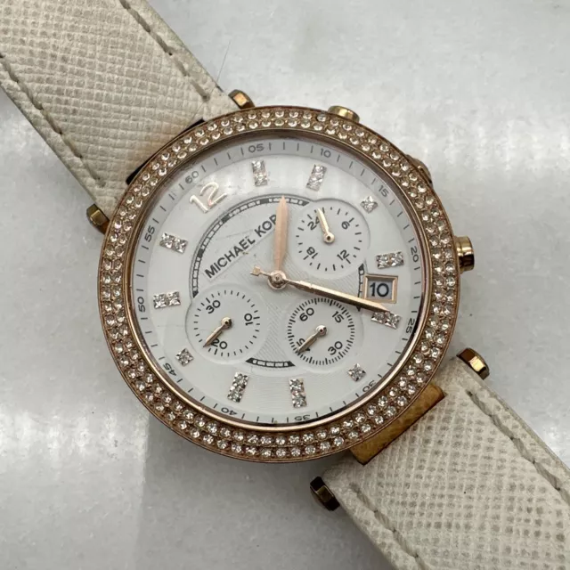 Michael Kors MK2281 Parker Gold Tone White 39mm Watch Chronograph New Battery