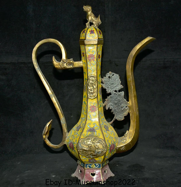 17" Qianlong Marked Old Cloisonne Enamel Palace Dragon Handle Wine Pot Teapot