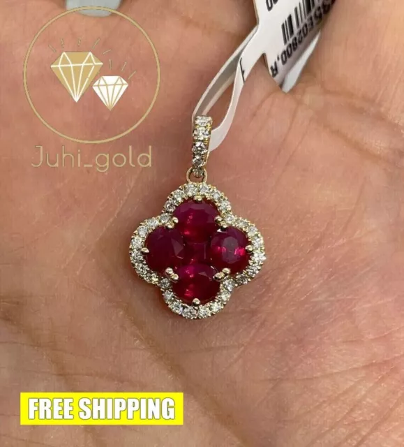 Epic 14K Yellow Gold Over Women Clover Pendant+Chain 2.50CT Round Simulated Ruby