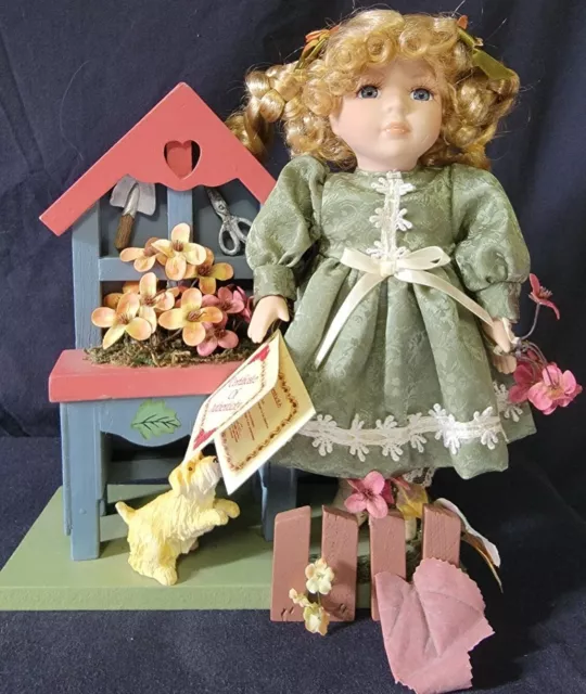 Collectors Choice Bisque Porcelain Doll Dan Dee 11" Gardening With Dog