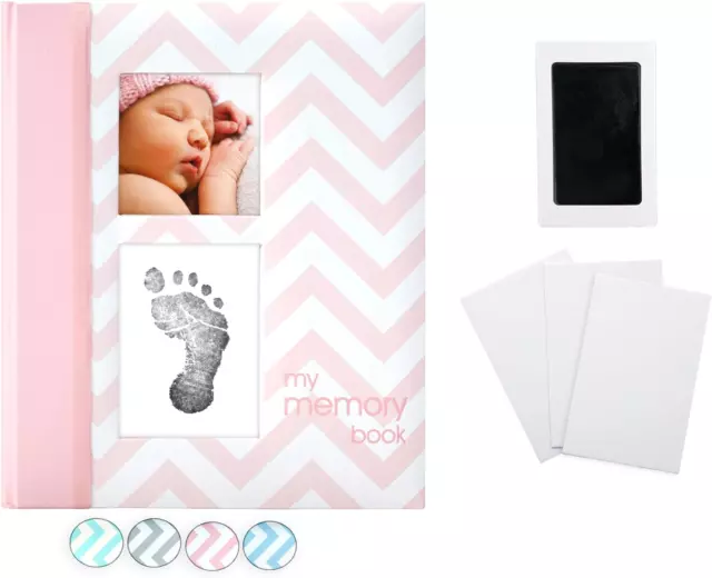 Pearhead Baby Memory Book with Ink Pad, Chevron Pink,3” X 3”