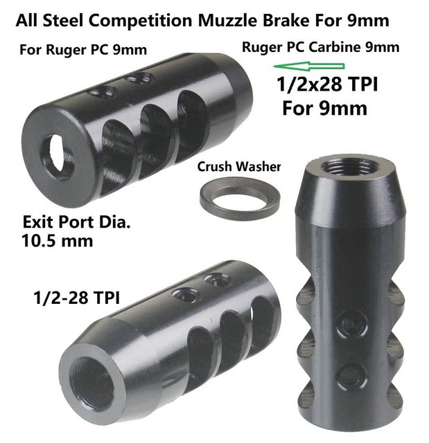 RUGER PC CARBINE 9 mm 1/2x28 TPI Low Concussion Tanker Muzzle Brake Compensator $32.99