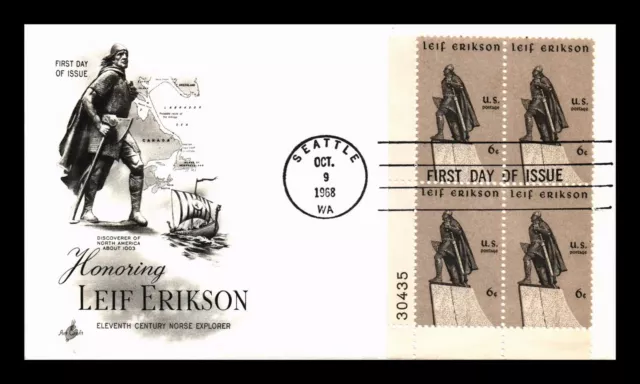 Dr Jim Stamps Us Leif Erikson Norse Explorer Fdc Plate Block Artcraft Cover