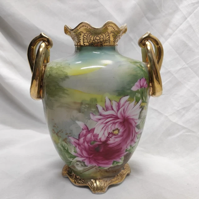 Antique 19th Century Nippon Hand Painted Footed Beaded Urn Vase Floral Handles