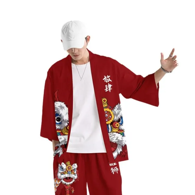 Uomo Kimono Cappotto Giacca Top Giapponese Yukata Larga Casual Leone Retrò Nero 7