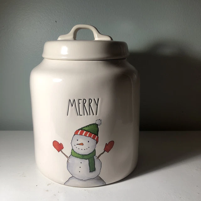RAE DUNN CHRISTMAS MERRY Canister with Snowman White Ceramic Chubby by