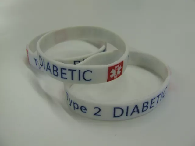 2x DIABETES Type 2 Diabetic Medical Alert Wristband Silicone bracelet rubber NEW