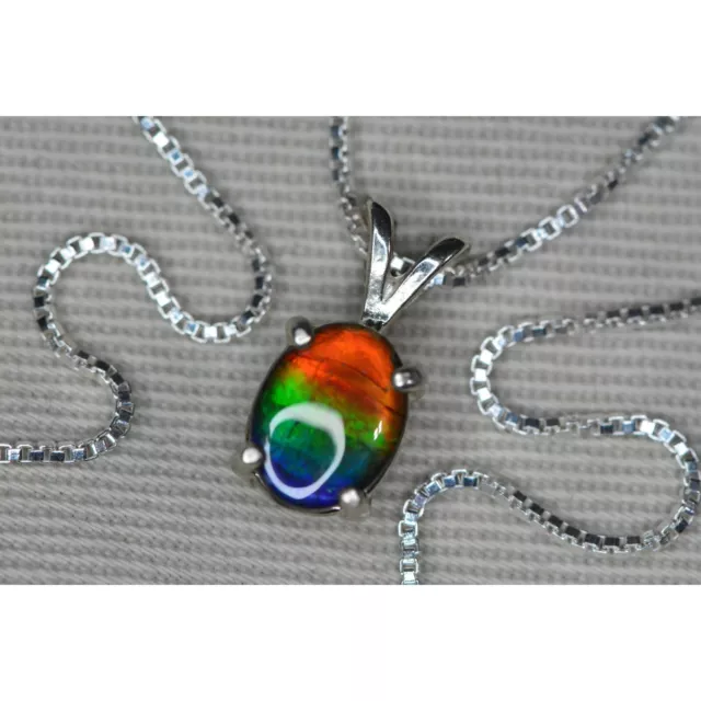 Rainbow Ammolite Necklace Sterling Silver 8x6mm Pendant In Wood Gift Box T66