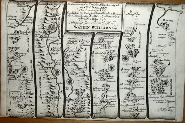 WALES TALYBONT TO HOLYWELL Gardner Original EngravedAntique Strip Road Map 1719