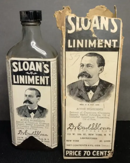 Vintage Sloans Liniment 6oz. Glass Medicine Bottle Half Full w/Original Box