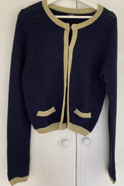 Ladies Navy Cardigan Gold Lurex Trim Size Medium. Used In Excellent Condition