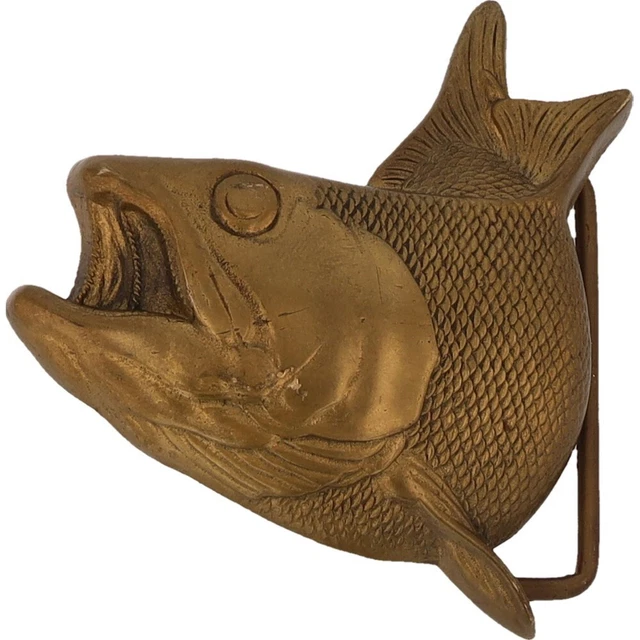 Brass Fly Fishing Rainbow Trout Fish Fisherman Western 1970s Vintage Belt Buckle