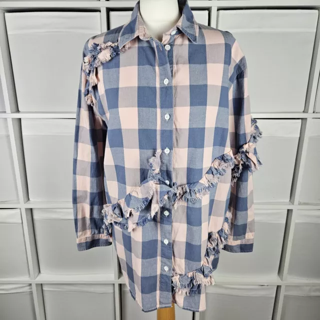 River Island Pink & Blue Shirt Size 14 Fringe Checked Oversized Blouse Country