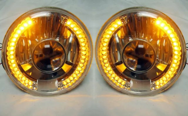 Street Hot Rod 7" Projector Glass Headlights w/ Amber Halo LED Turn Signals PAIR
