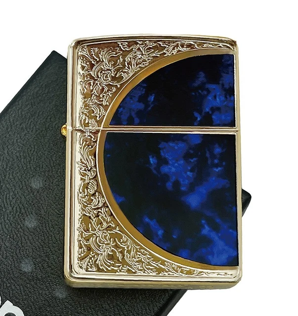 Zippo Oil Lighter Arabesque Marble Blue Gold Etching Regular Case Japan