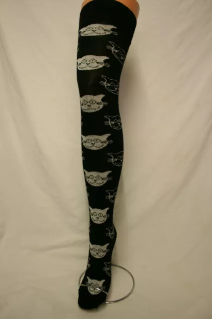 OVER THE KNEE THIGH HIGH CAT SOCKS BLACK + WHITE or COLOURED CATS ON BLACK