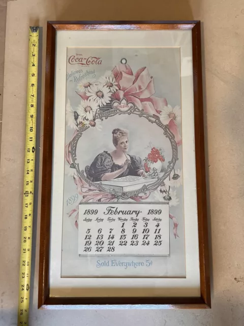 Vintage February 1899 Coca-Cola Calender 25 1/4“ X 14 1/4” Wood Frame
