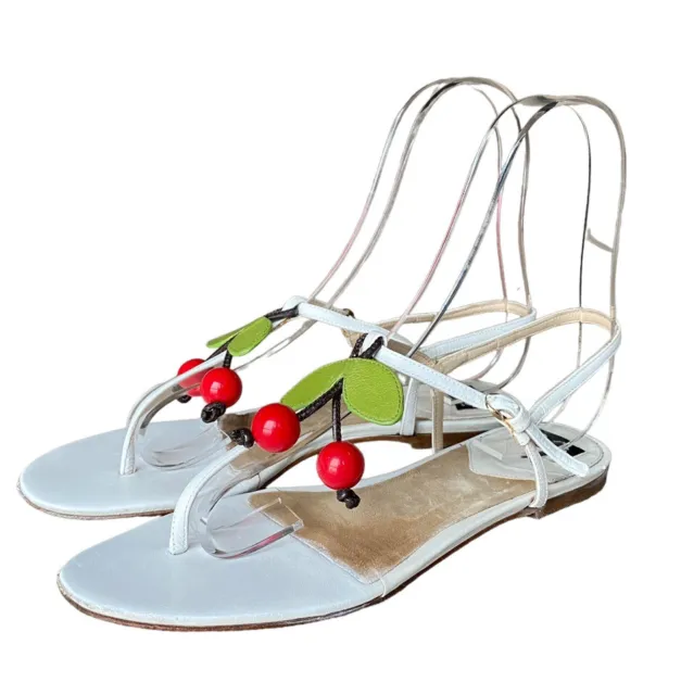 DOLCE & GABBANA White Leather Cherry Flat Thong Sandals, Size 37