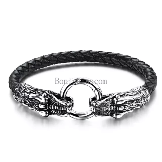 Men's Black Braided Leather Stainless Steel Dragon Head Cuff Bangle Bracelet