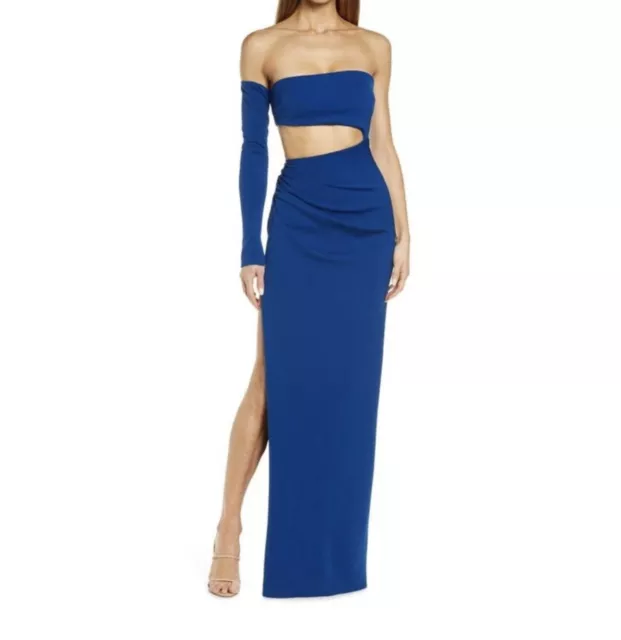 Katie May Gown Blue Cutout One Sleeve Side Slit Dress Womens