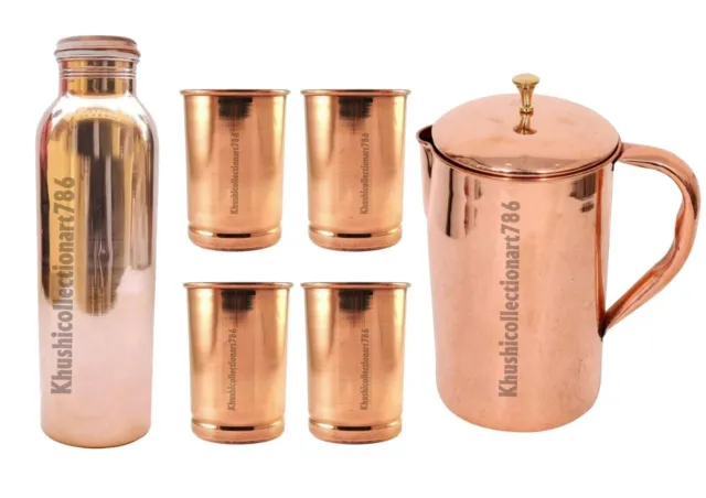 Copper Smooth Water Pitcher Jug Brass Knob 1500ML Bottle Tumbler Glass Set Of 6